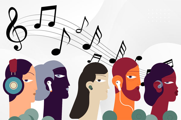 Illustration of 5 people listening to music, with music notes above them